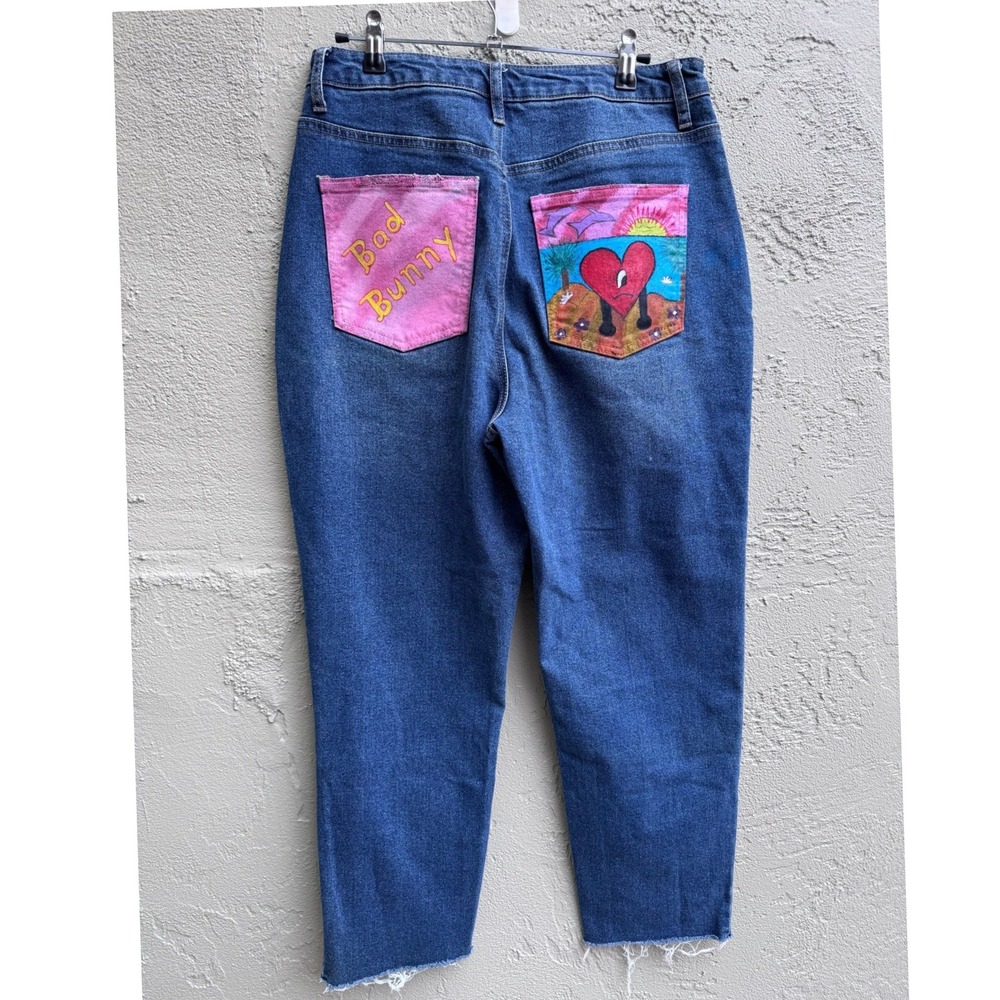 AND NOW THIS Bad Bunny Distressed Blue Denim Jeans Size 30 Graphic Streetwear